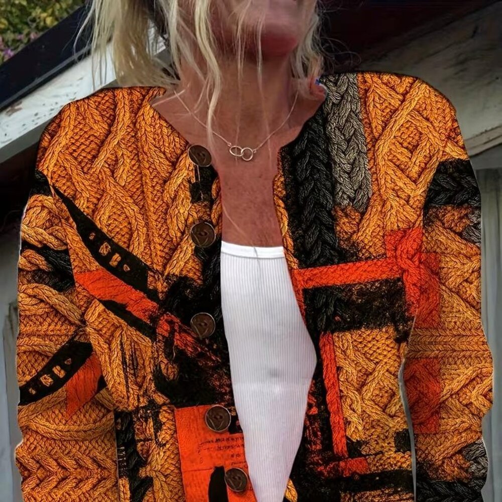 Women Cardigan Sweater with Orange, Black, Beige, Color Block.